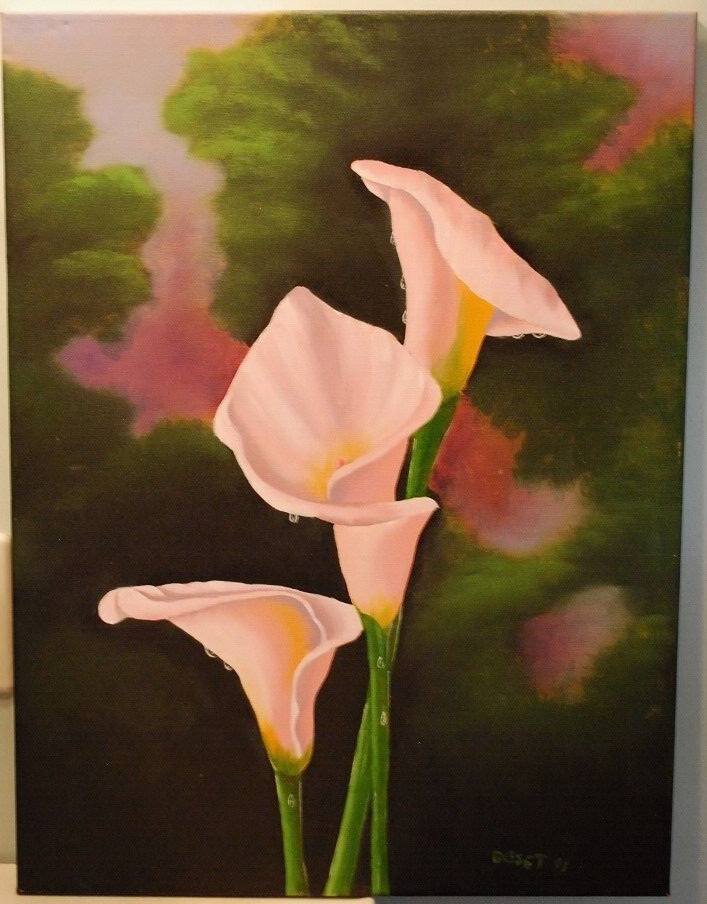Vintage PINK CALLA LILIES FLOWERS Original Art ACRYLIC PAINTING Signed 24″ x 18″