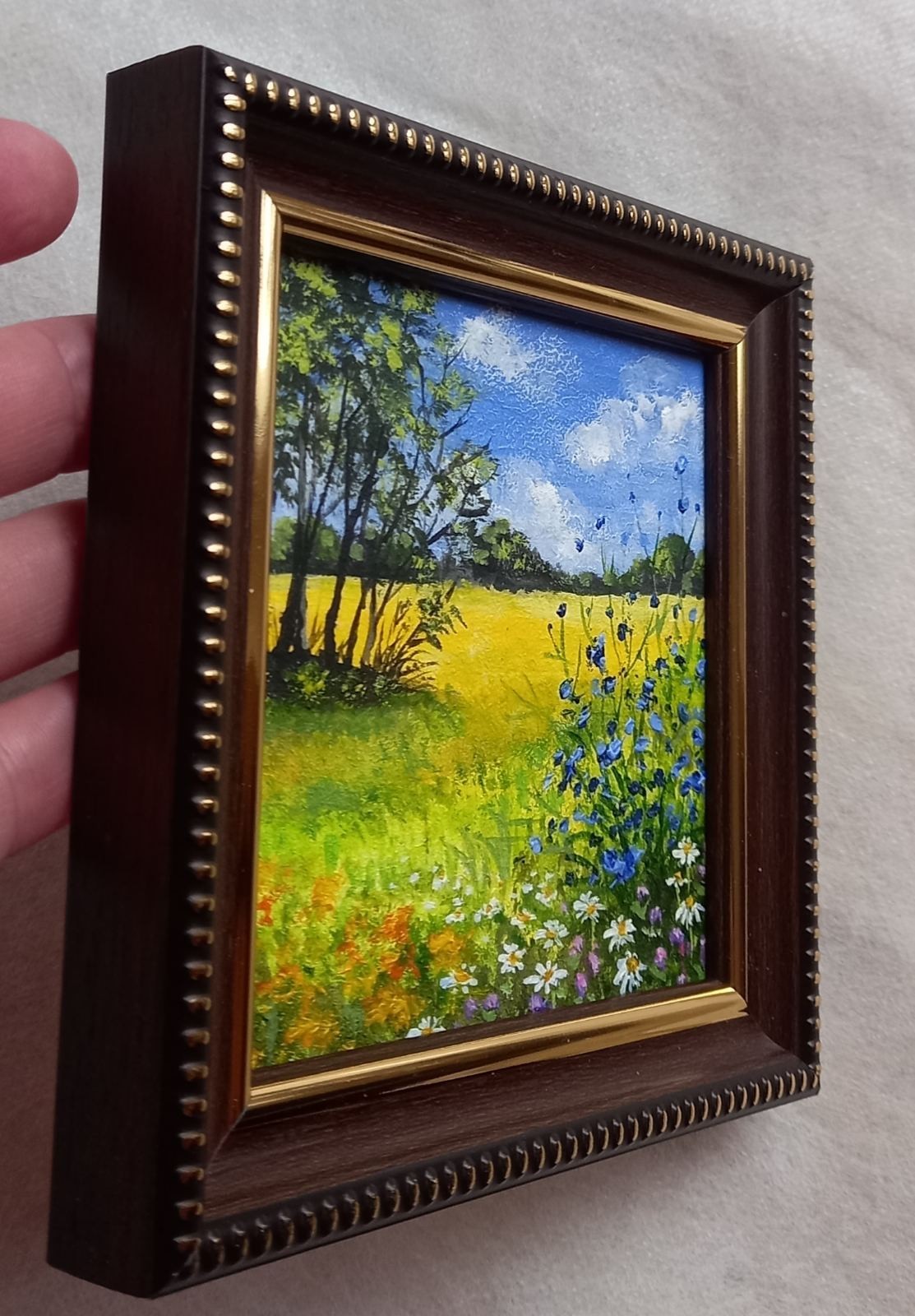 Original Oil Painting Summer Landscape Field Wildflowers Framed Art 4 x 4 in