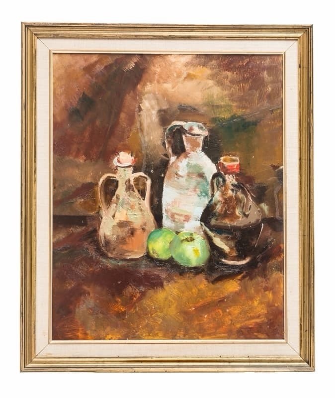 Luise Rainer Original Oil On Panel Painting Featuring Three Jugs With Fruit