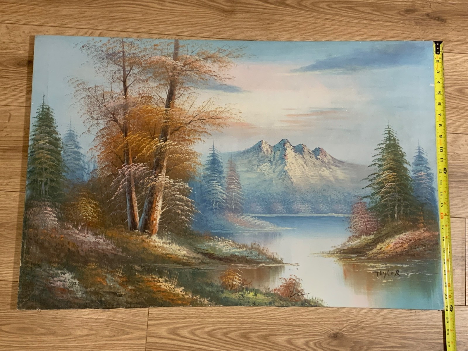 Original Mountain Lake Landscape Painting Signed Taylor on Canvas 36×24