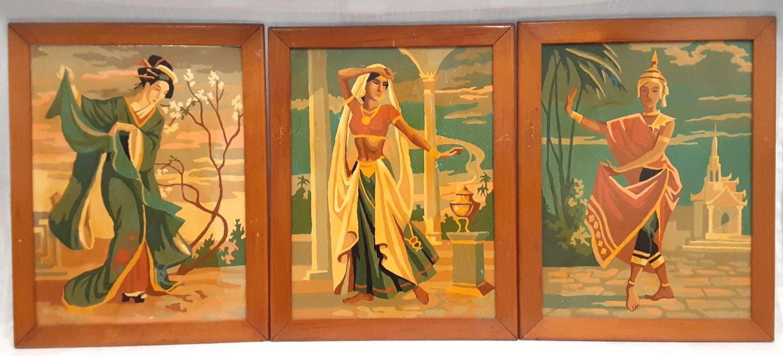 MCM SET OF 3 1950s PAINT BY NUMBERS PAINTINGS 14 X 18 Asian Oriental Tiki LADIES