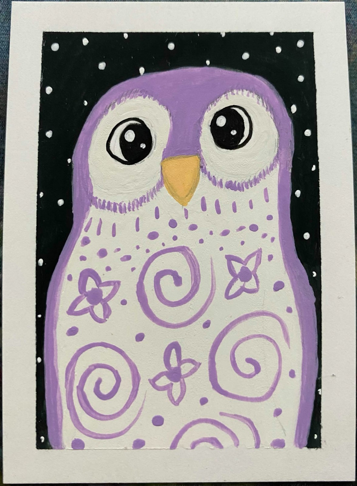 ACEO Original Owl Birds Feathers Stars Sky Miniature Painting Art OneCraftyLady