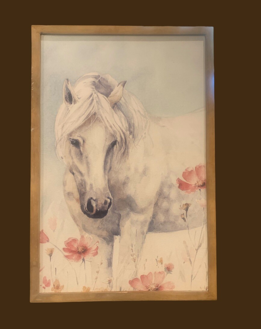 Wild Horse W Pink Flowers Artwork By Lisa Audit Canvas Board Framed Art 24 X 16