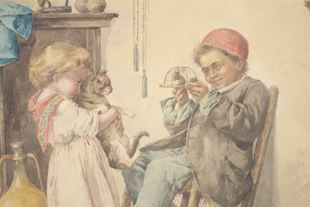 Albert Roberti (1811-1864 Belgium) Watercolor Painting Art Cat & Mouse Framed