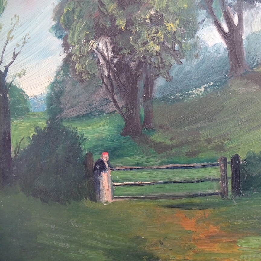 1921 Naive Folk Art Summer Landscape Oil Painting Signed R.C.Ingraham O/B 13×12