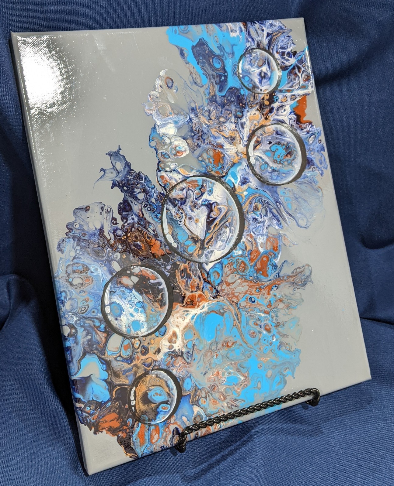 Bubbles on Turquoise and Grey acrylic pour, gold highlights 11″ h x 14″w x .5″d