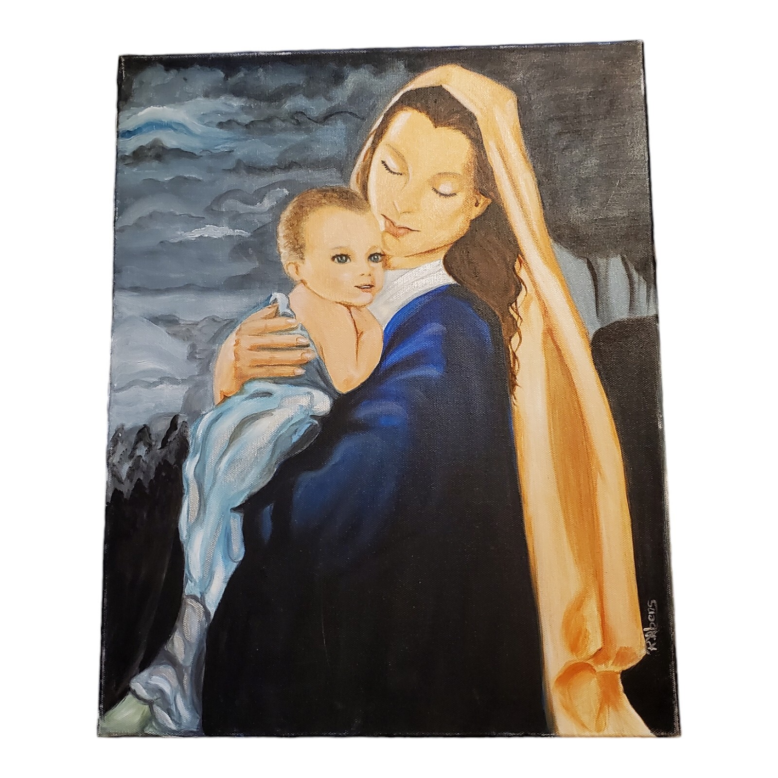 OOAK Mother Mary Baby Jesus Artisan Signed 20″ X 16″ Painted Canvas R. Abens