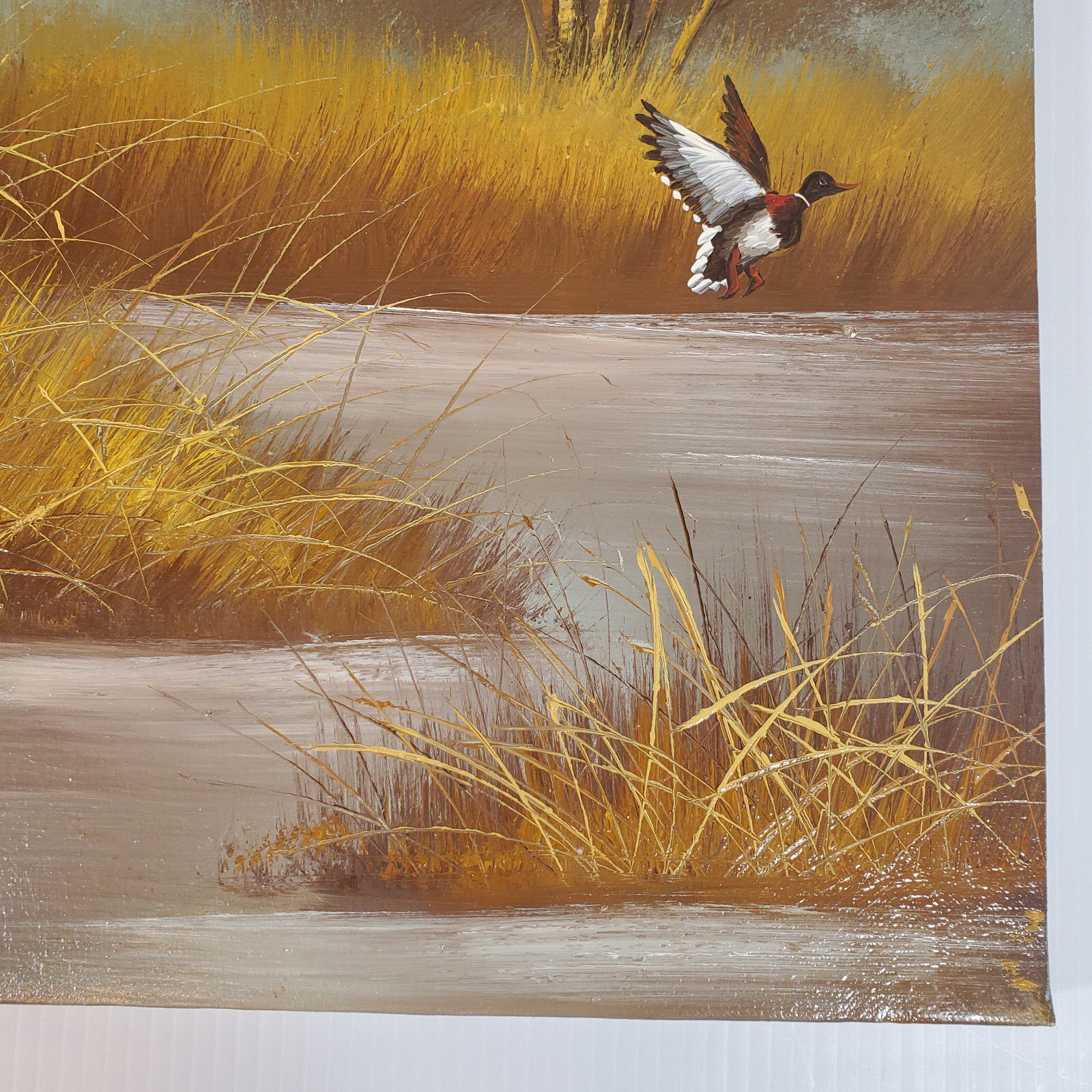 W. Lovell Signed Oil Canvas 24×20 Vtg Painting Ducks in Flight Landing Marsh