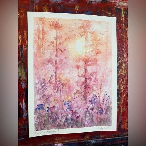 ORIGINAL Landscape Painting Sunset Tree Garden Watercolor Artwork nature EAEH