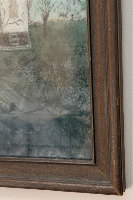VINTAGE ORIGINAL PENCIL/CHALK FRAMED PAINTING WHITE STEEPLE CHURCH SCENE ARTWORK