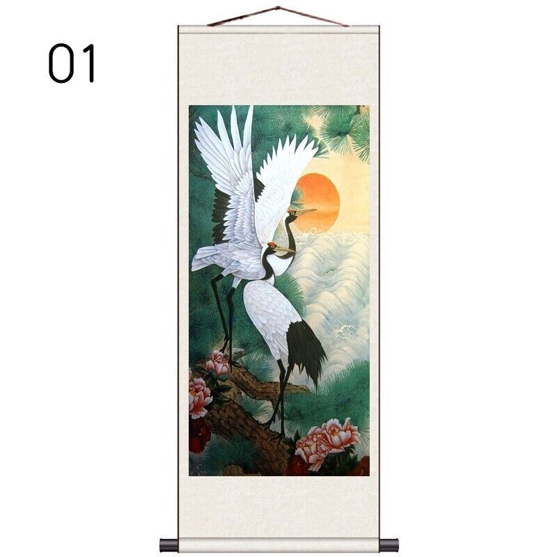 1PC Asian Silk Scroll Painting Crane Feng Shui Wall Hanging Artwork Framed
