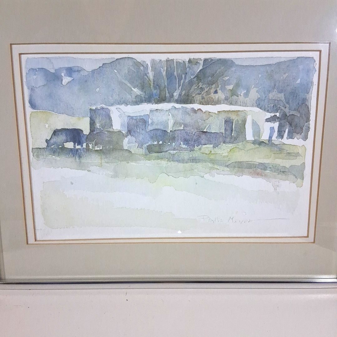 Phyllis Mayer Watercolor Landscape Painting Cattle Ranch Adobe Southwestern Taos
