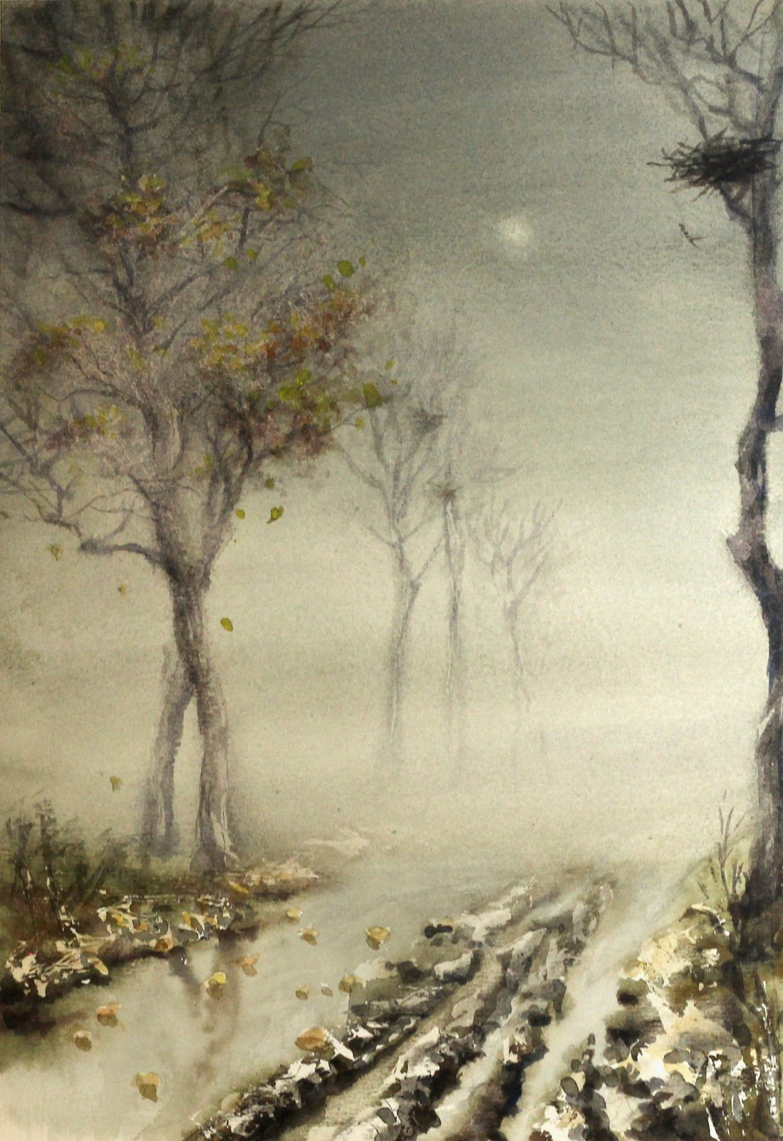 Autum Watercolor Painting Original European Art Foggy Park Road Trees Wall Art