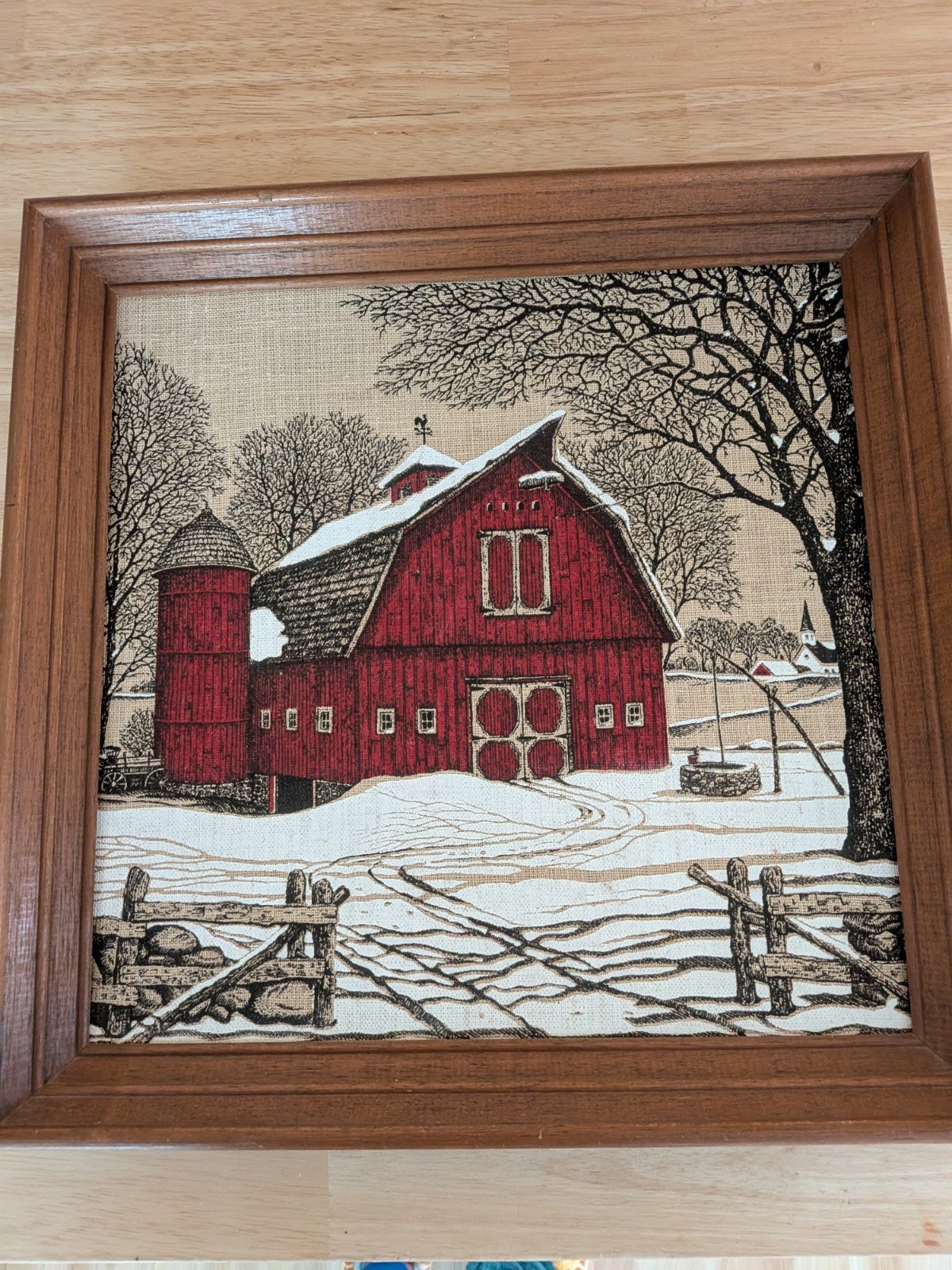 VINTAGE Art, By KAY DEE; Red Barn Wintery Painting On Linen / Wood Frame 16×16″