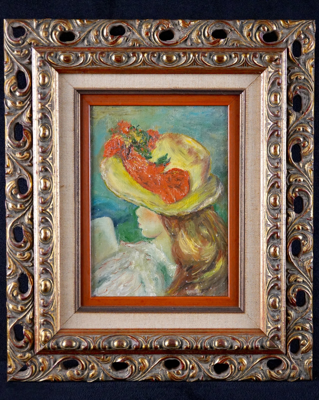 Vintage Framed Impressionist Portrait Oil on Canvas «Girl Reading» After Renoir