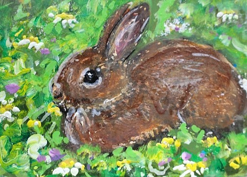 ORIGINAL ACEO Cottontail RABBIT Painting Spring Flower Bunny Animal Nature ART