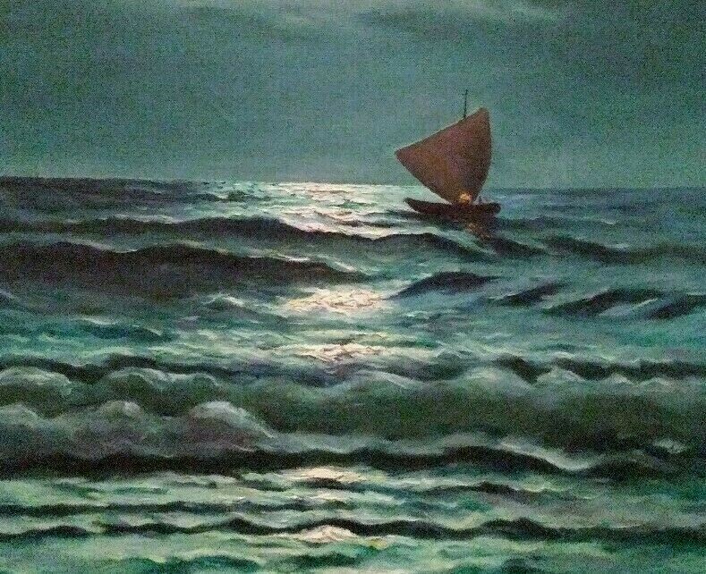 LISTED AMERICAN FRANK FERRUZZA Sd MOONLIT SAILBOAT ORIGINAL OIL on CANVAS FRAMED
