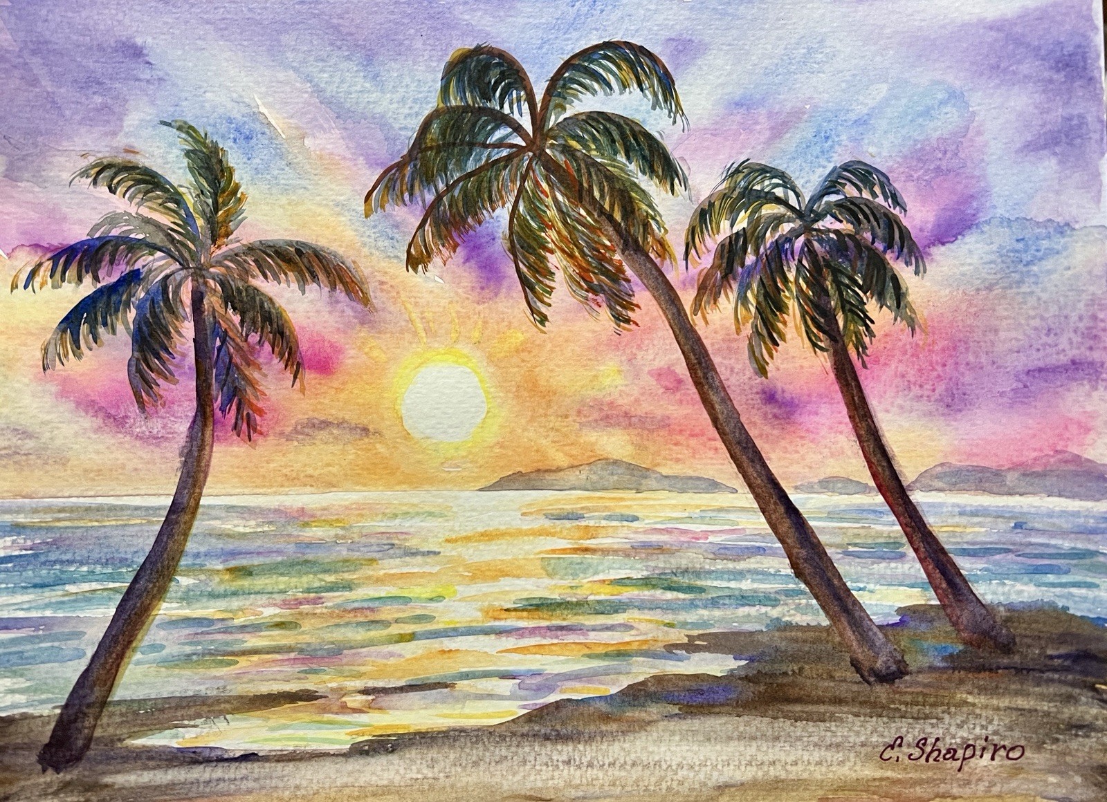 Original Watercolor Painting Tropical Seaside Landscape 9×12 Sunset Wall Art