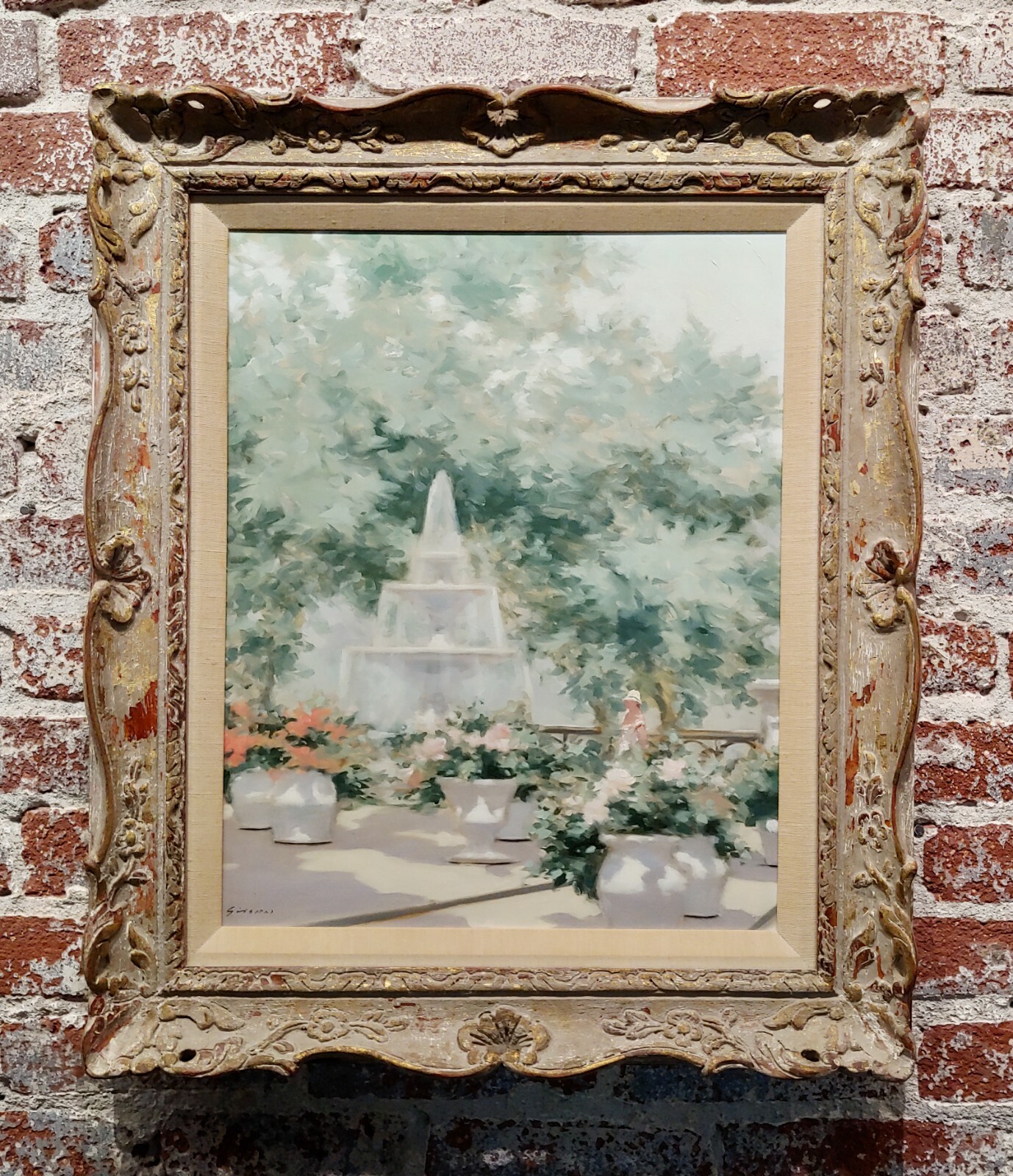 Andre Gisson -Young Woman near the Fountain at the Park-Oil painting