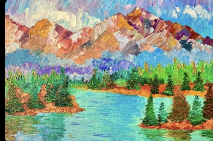 Lake Tahoe Impasto Oil Painting: Majestic Mountains and Spruce Trees California