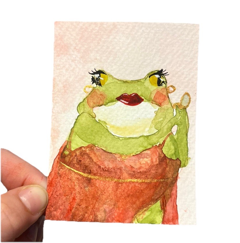 ACEO PRINT Valentines Day Date Night Frog Lady Watercolor Painting 3.5×2.5 in
