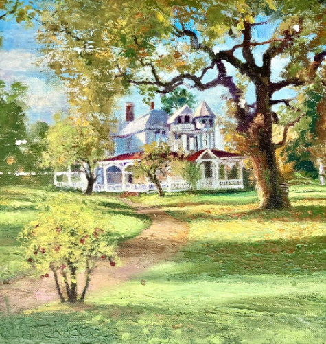 1969 Vintage Impasto Painting Victorian Home Architecture Art Garden Yard MCM
