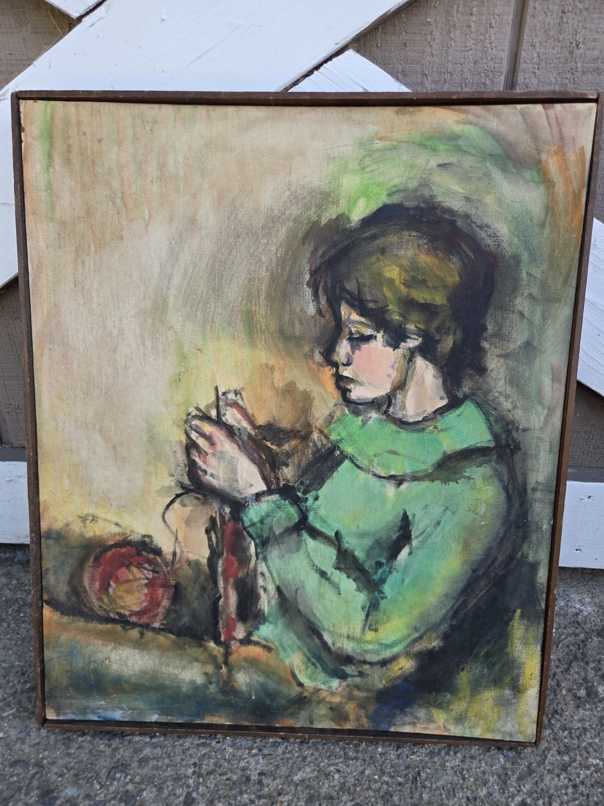 Vintage Mid Century Painting Girl Knitting Acrylic or Oil on Board