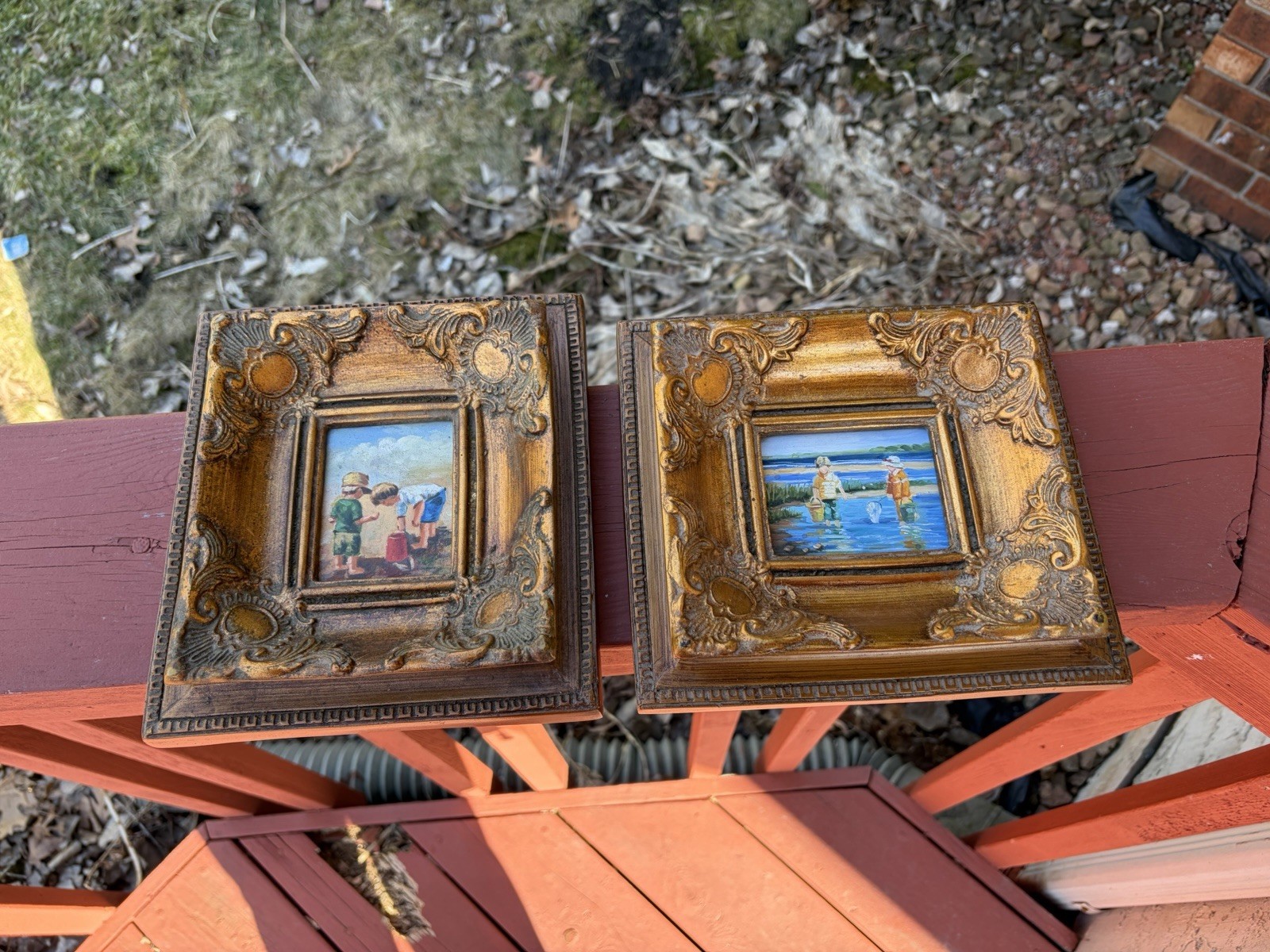Pair of original small oil paintings on board framed gold gilt coastal art