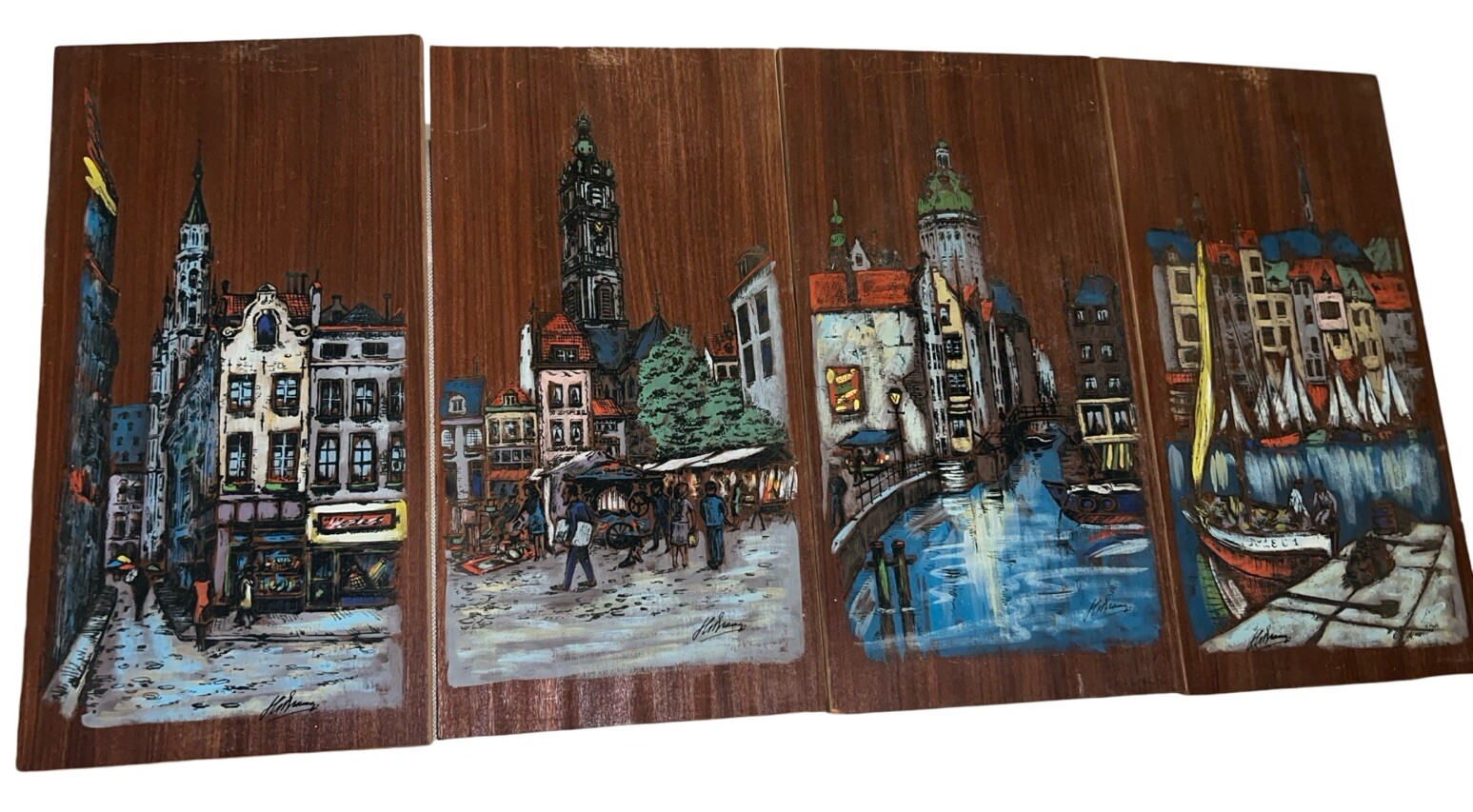 Original Amsterdam Holland Paintings On Wood Artist Signed Rustic