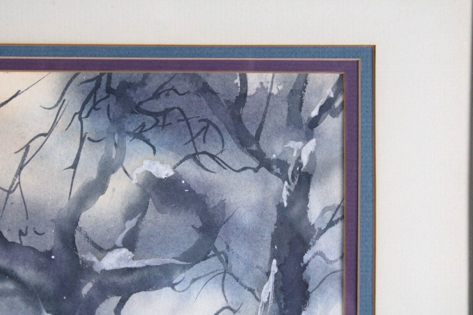 Landscape Winter Scene With Snow Watercolor Painting Signed Illegible 1984