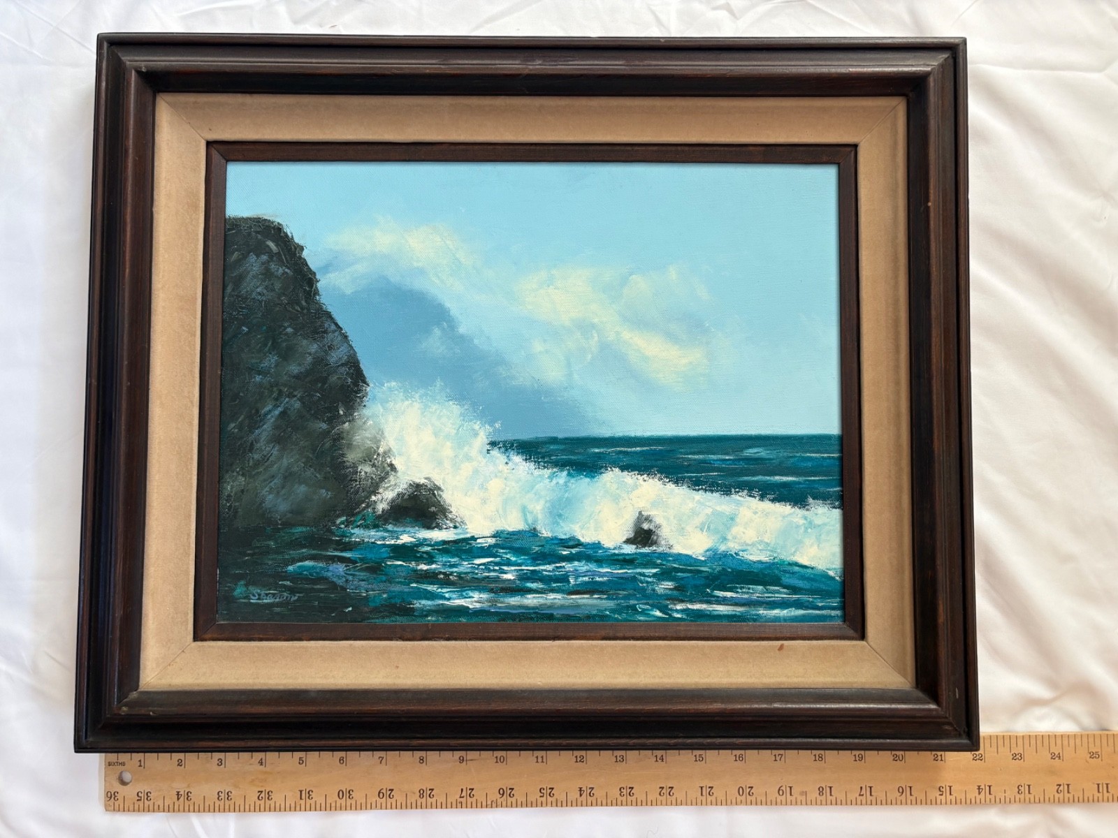 Vintage Ocean Seascape Oil Painting Waves Coastal Wood Linen Frame 18×21