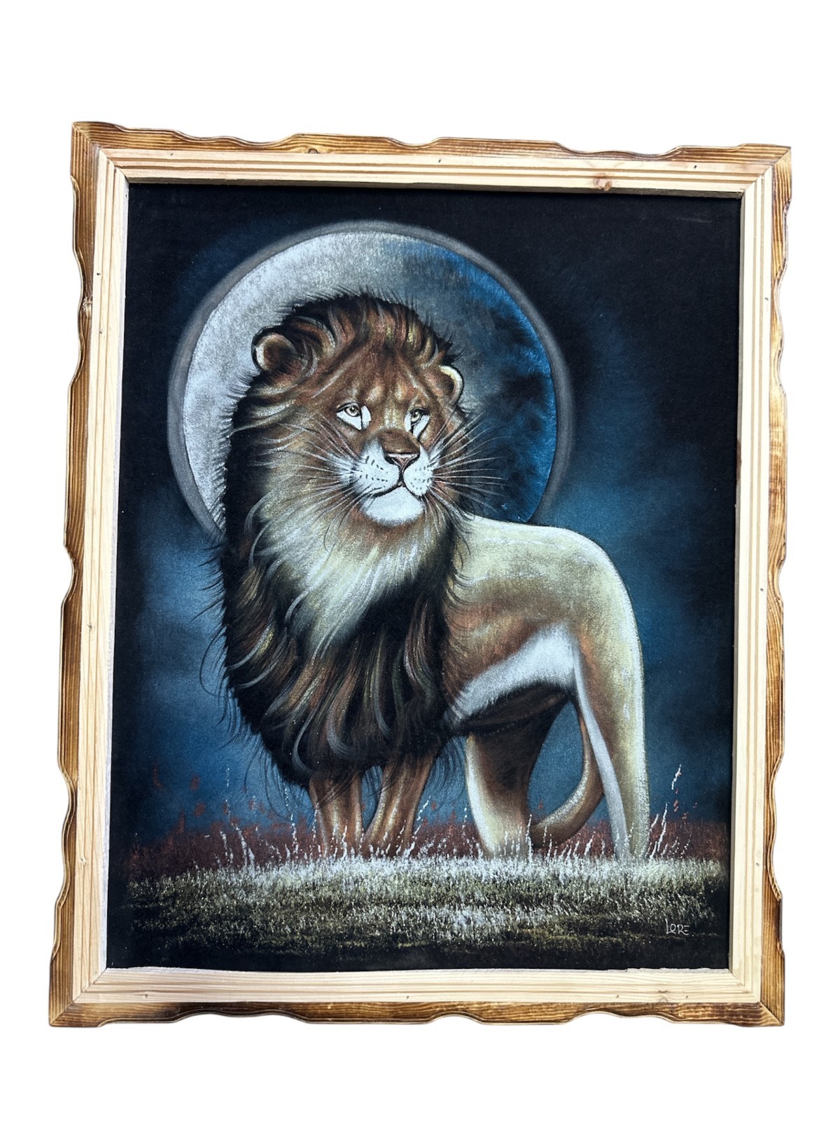 LION , ,18″X 22″ HAND PAINTED,VELVET PAINTING , VINTAGE , WOOD FRAME