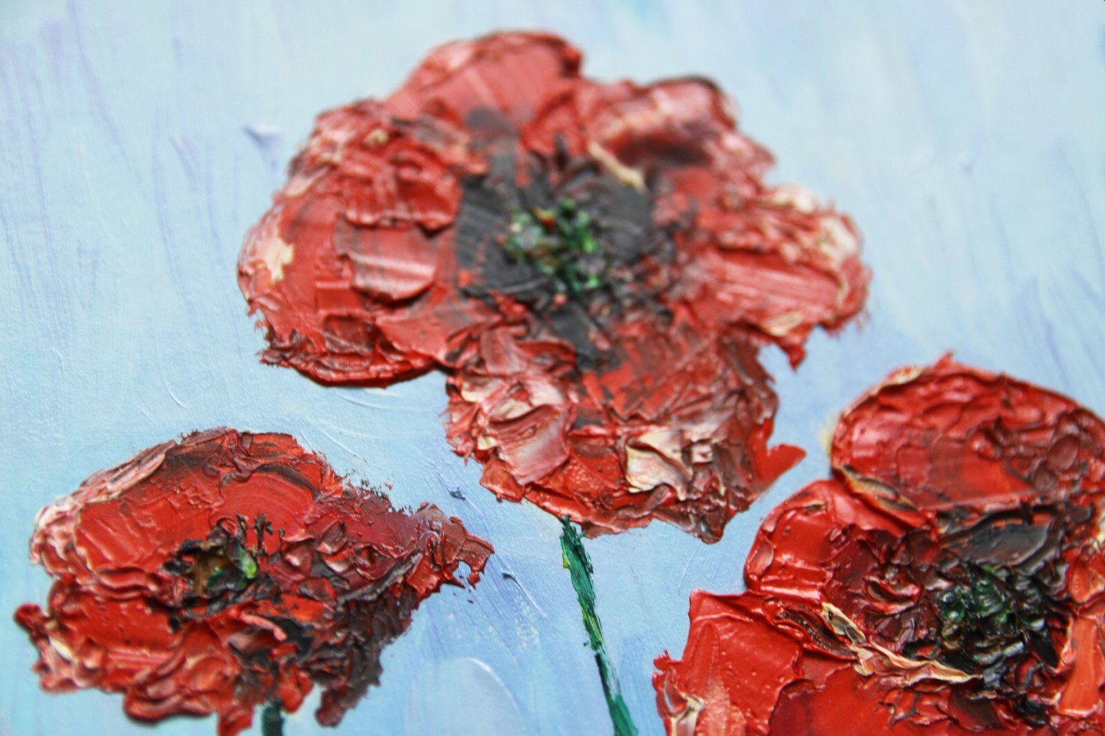 Red poppy flowers oil painting, bouquet of poppy flowers on blue background