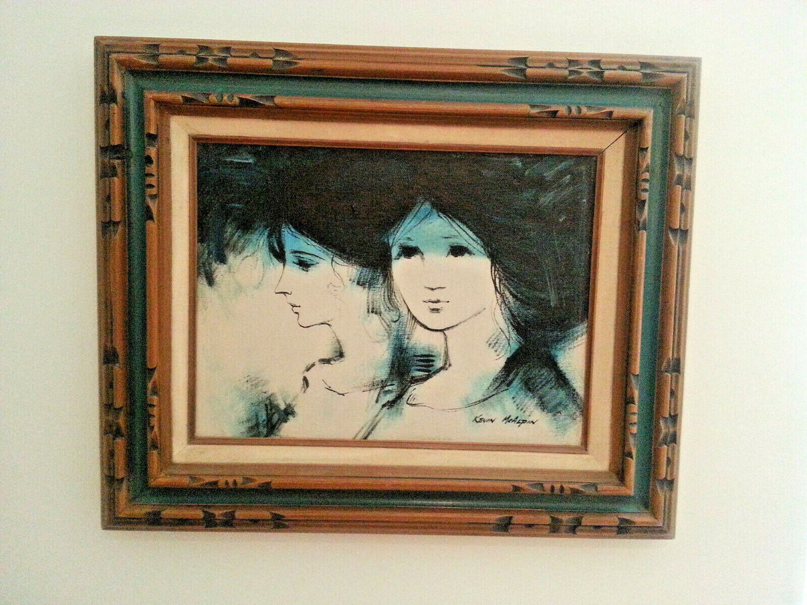 Kevin Mc Alpin Vintage Oil Painting Of Girls Primary Color Blue /beige