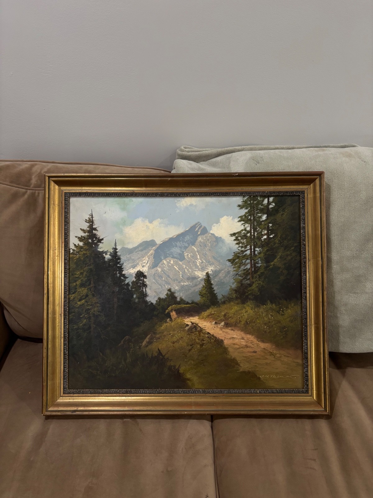 J.H. Thomas Original Framed Oil Painting Landscape Mountain River Nature Signed