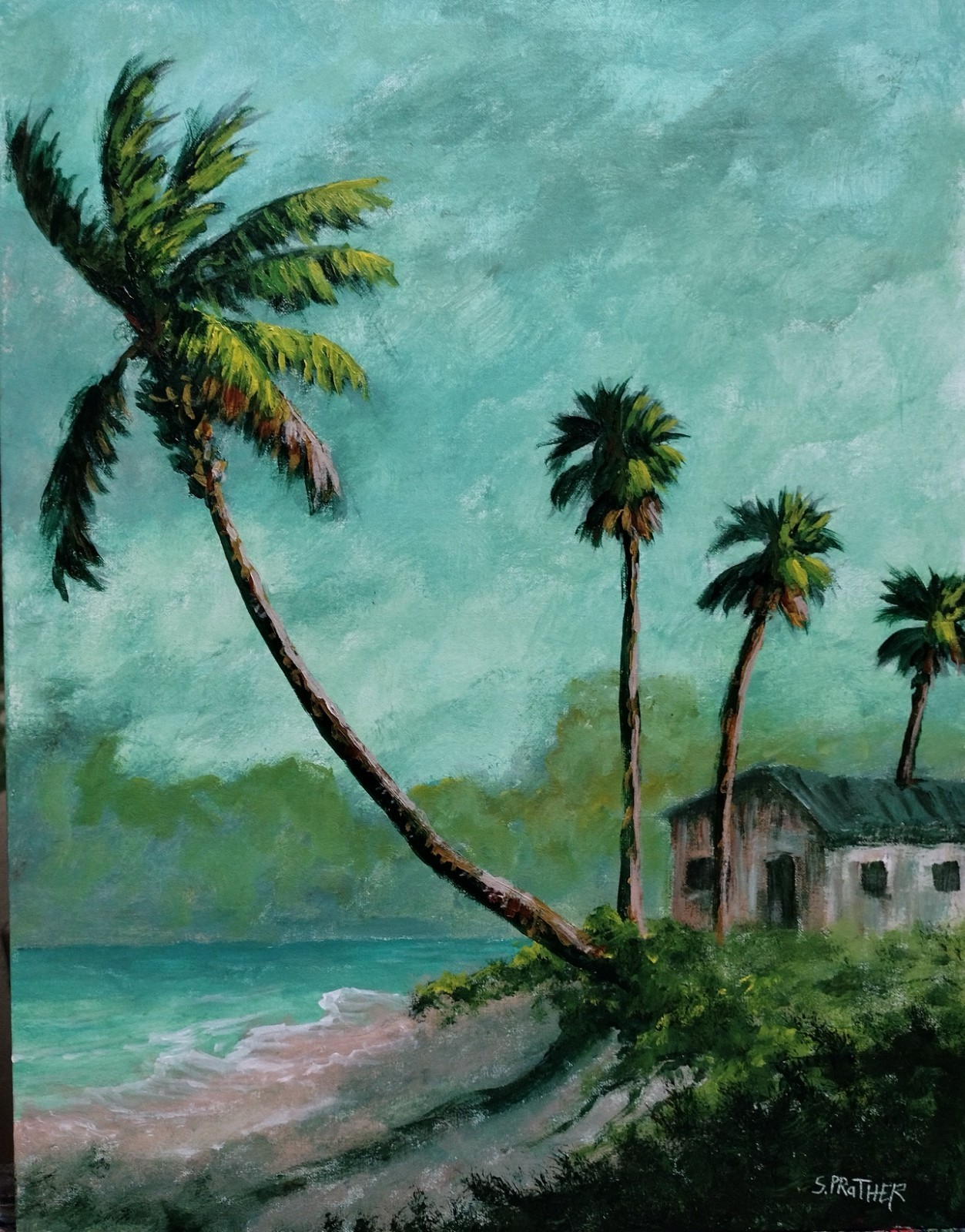 Tropical Florida Seascape Painting Cabin on the Water Original Stan Prather
