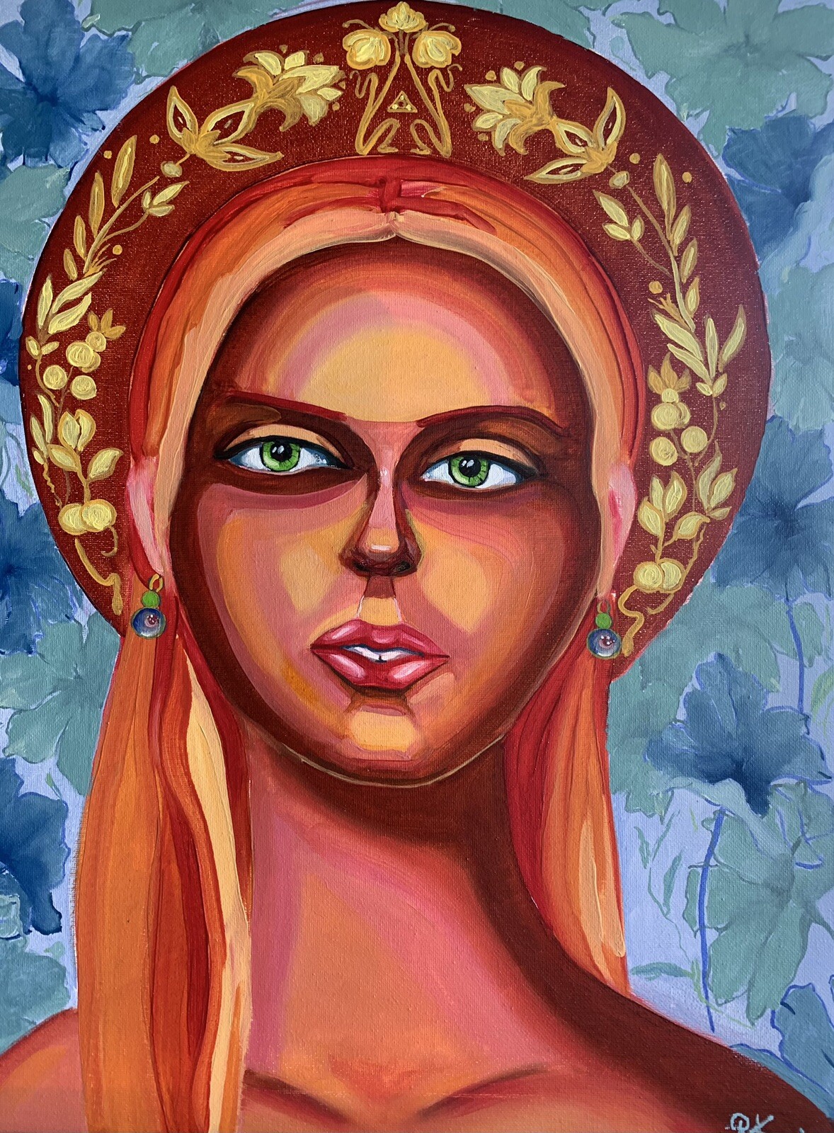 original oil painting 16”by 20”on canvas Art deco orange blue floral female wome