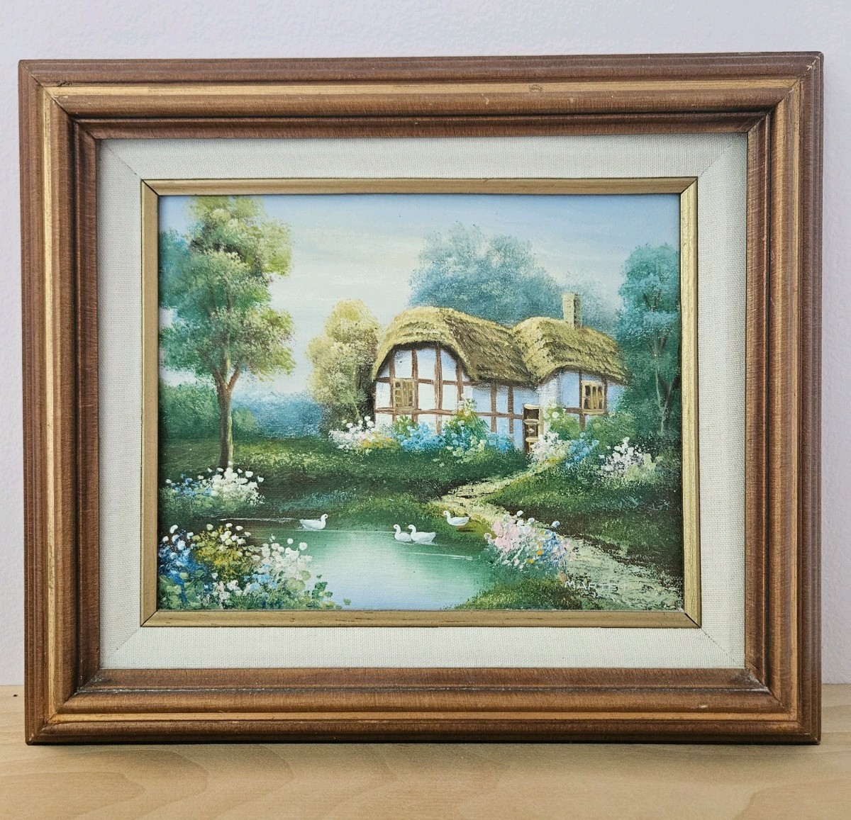 Vintage Marten Cottage Countryside Garden Ducks Pond Oil Painting Canvas Framed
