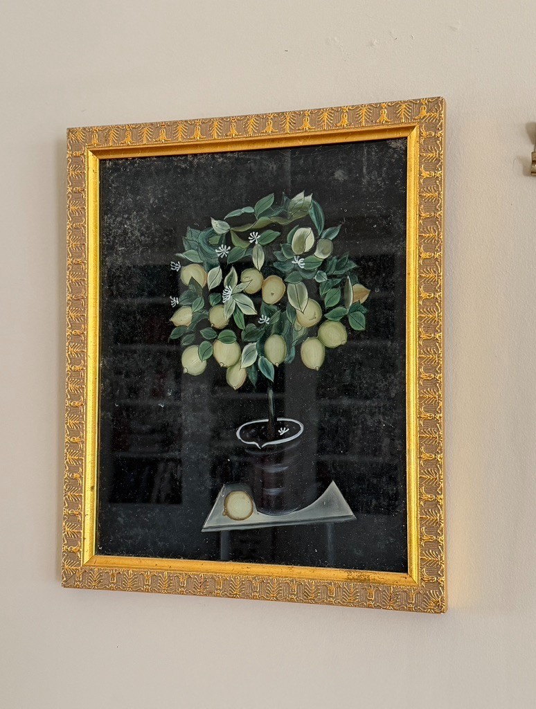 Reverse Painted Glass Lemon Tree Wall Art Gold Frame Hollywood Regency Decor