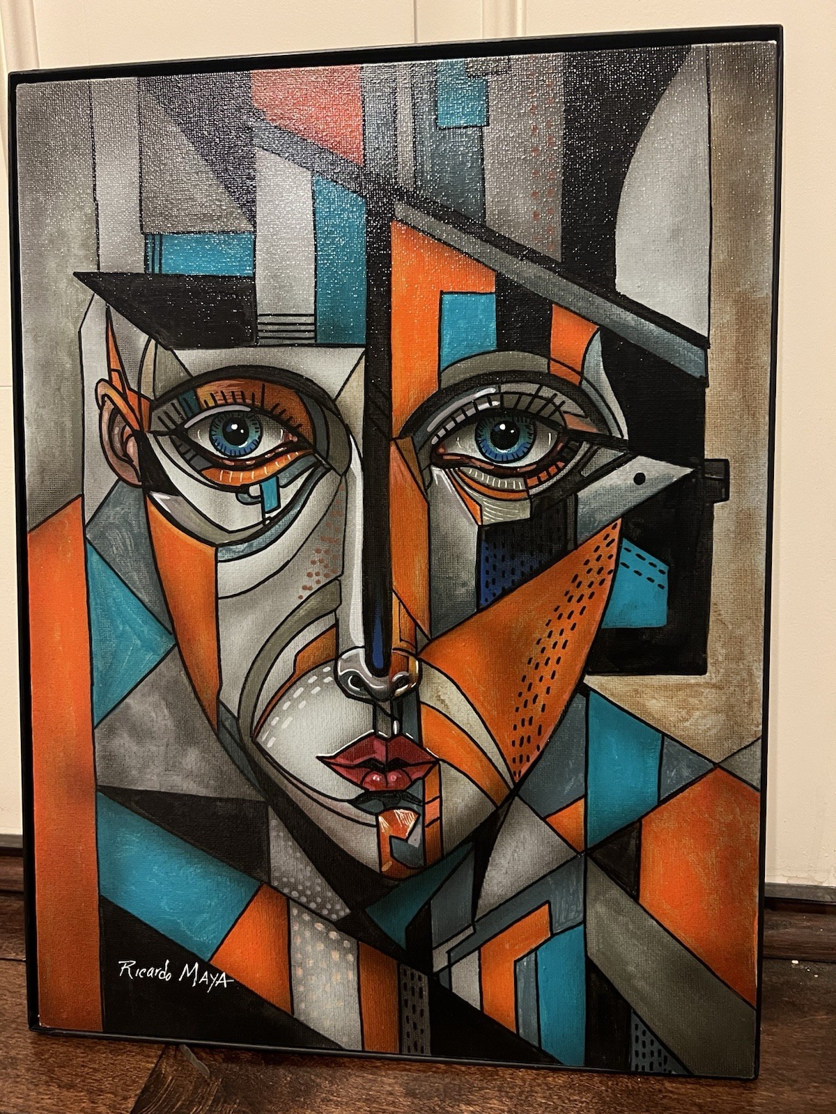 Ricardo Maya Original Geometric Cubist Portrait Painting – Signed 16×24 Modern