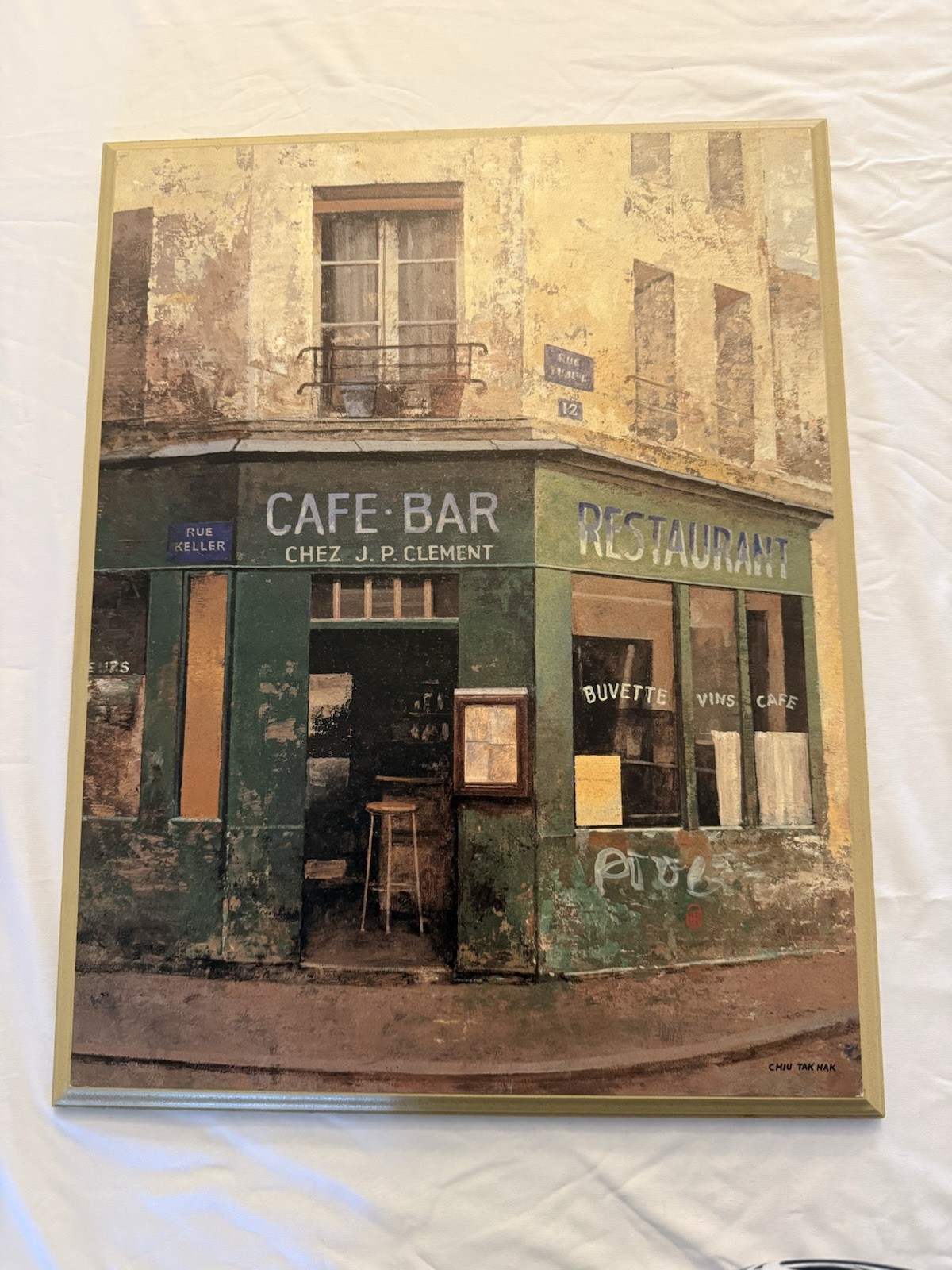 Chiu Tak Hak Signed Framed Realism Painting Cafe Bar Chez J.P. Clement Cityscape
