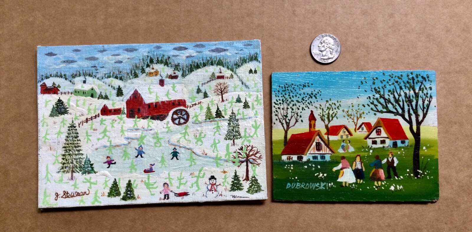 2 small primitive folk art paintings by Joanne Stalker & Dubrowski.