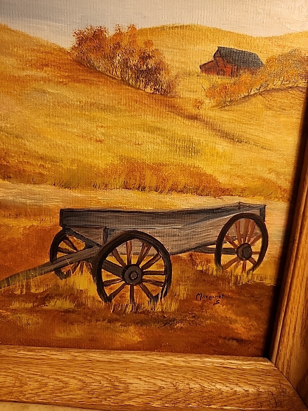 Vtg Wood FRAMED Painting Farm Still Life Wagon Rolling Hills Art Picture Signed