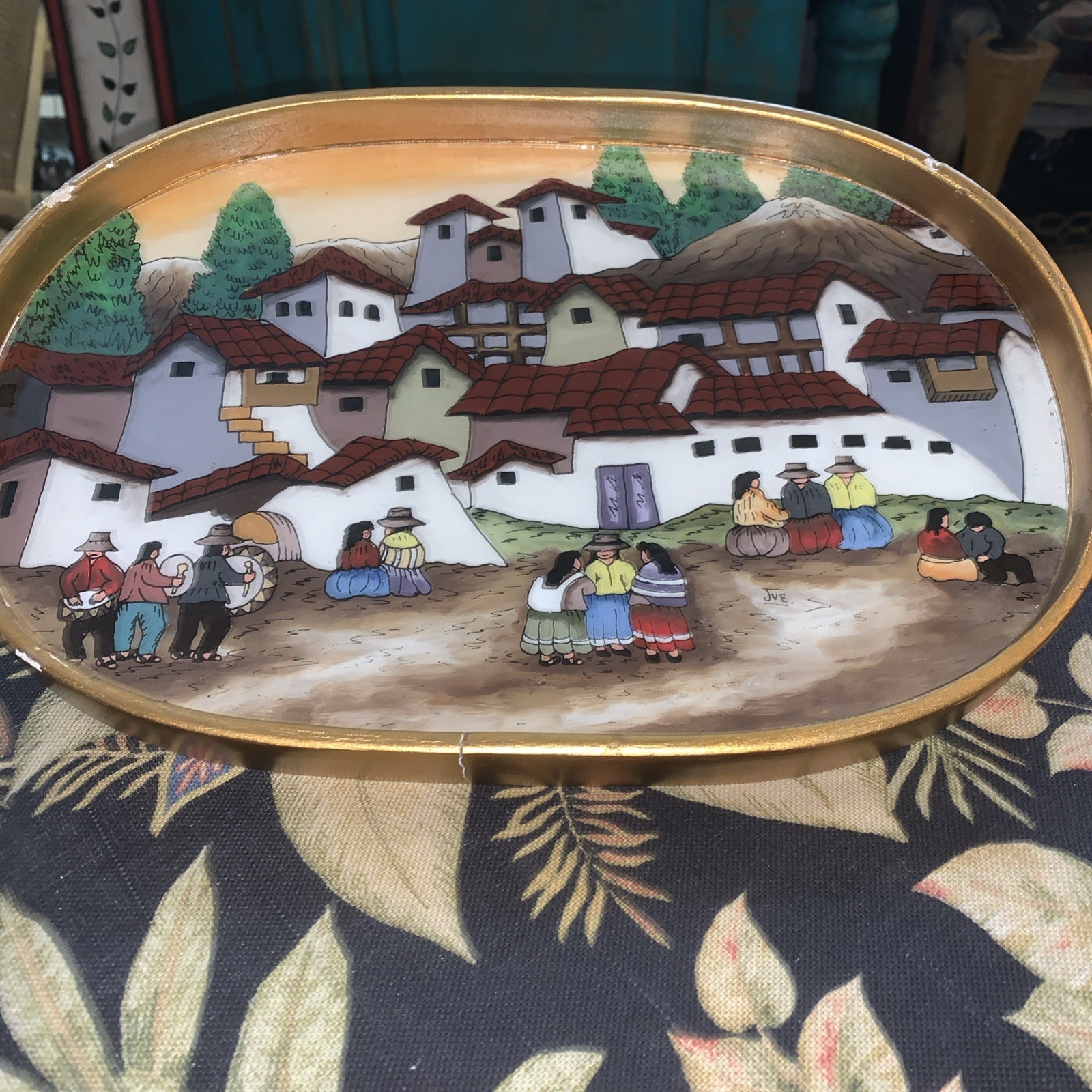 Vintage Reverse Painted Glass Village In The Valley Artisan Signed Framed 12”8”