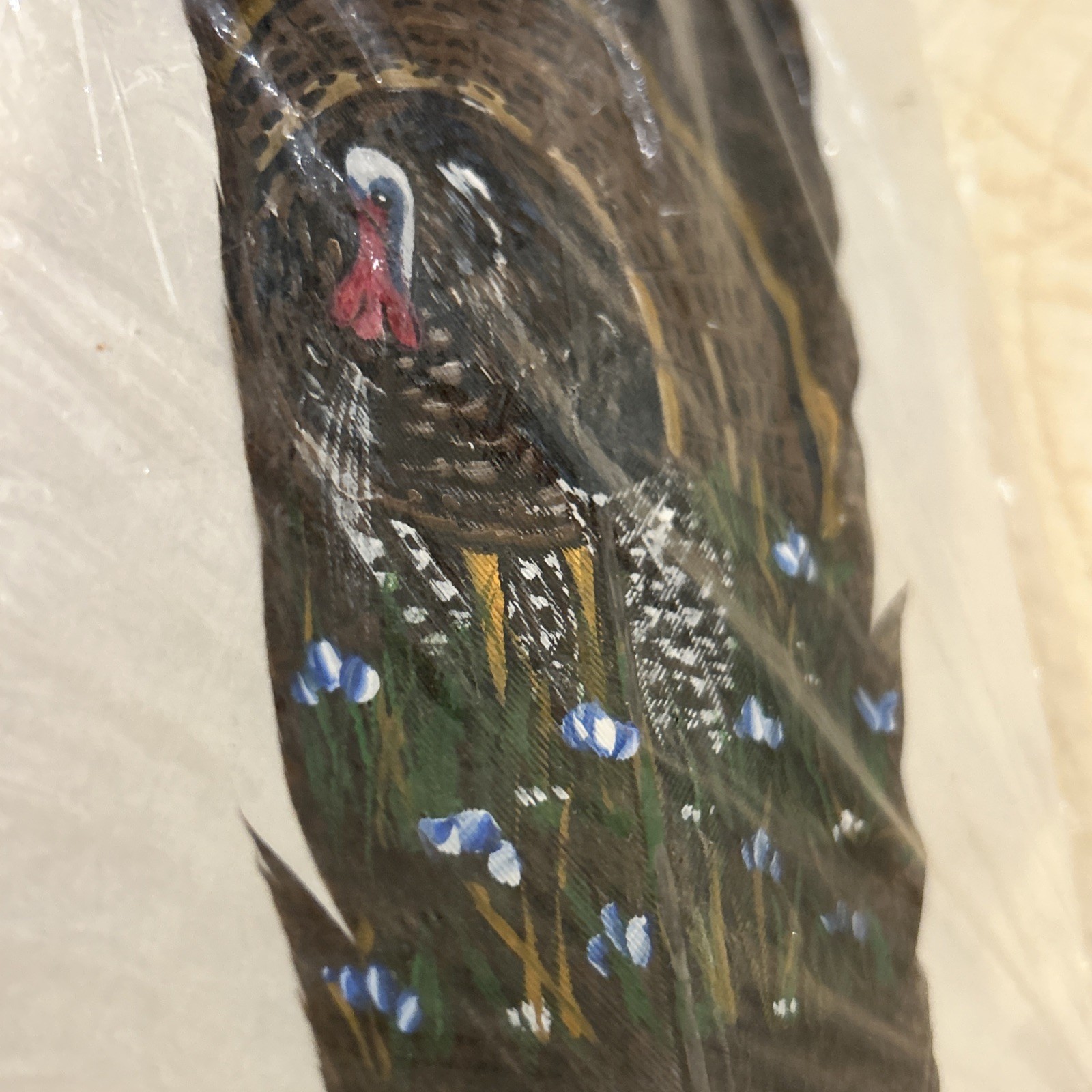 Hand Painted Turkey Feather. Signed Marte Erb. School Auction 6/18/2010. No. 69.