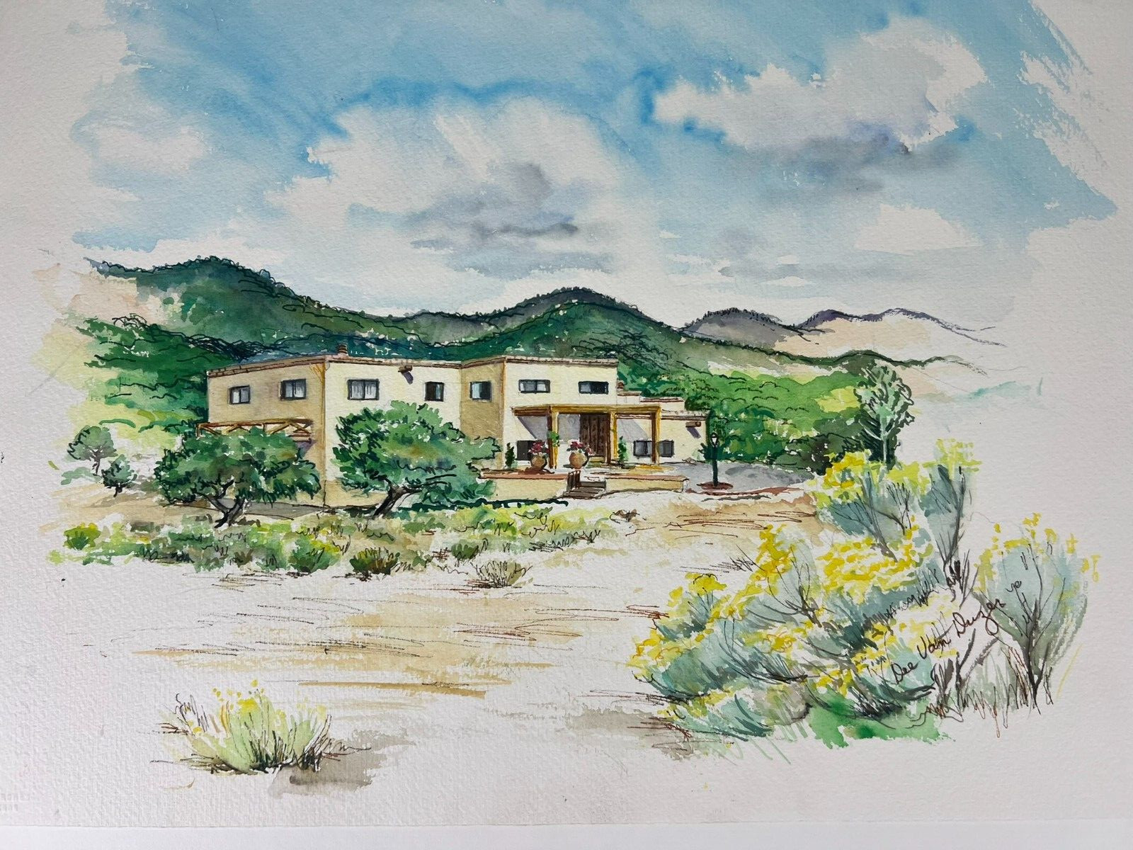 Southwestern Watercolor Landscape Architecture Painting Dee Van Duzer Mountain
