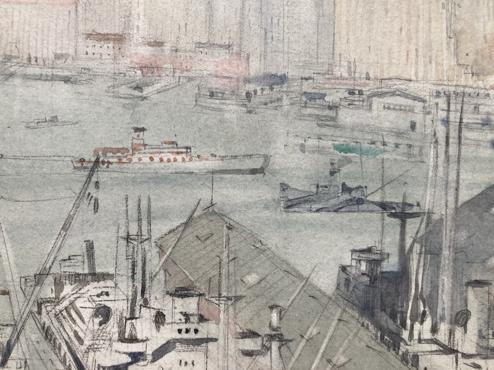 New York Harbor Painting WILLIAM BOWER DALTON 1944 Watercolor Skyline WWII Ships