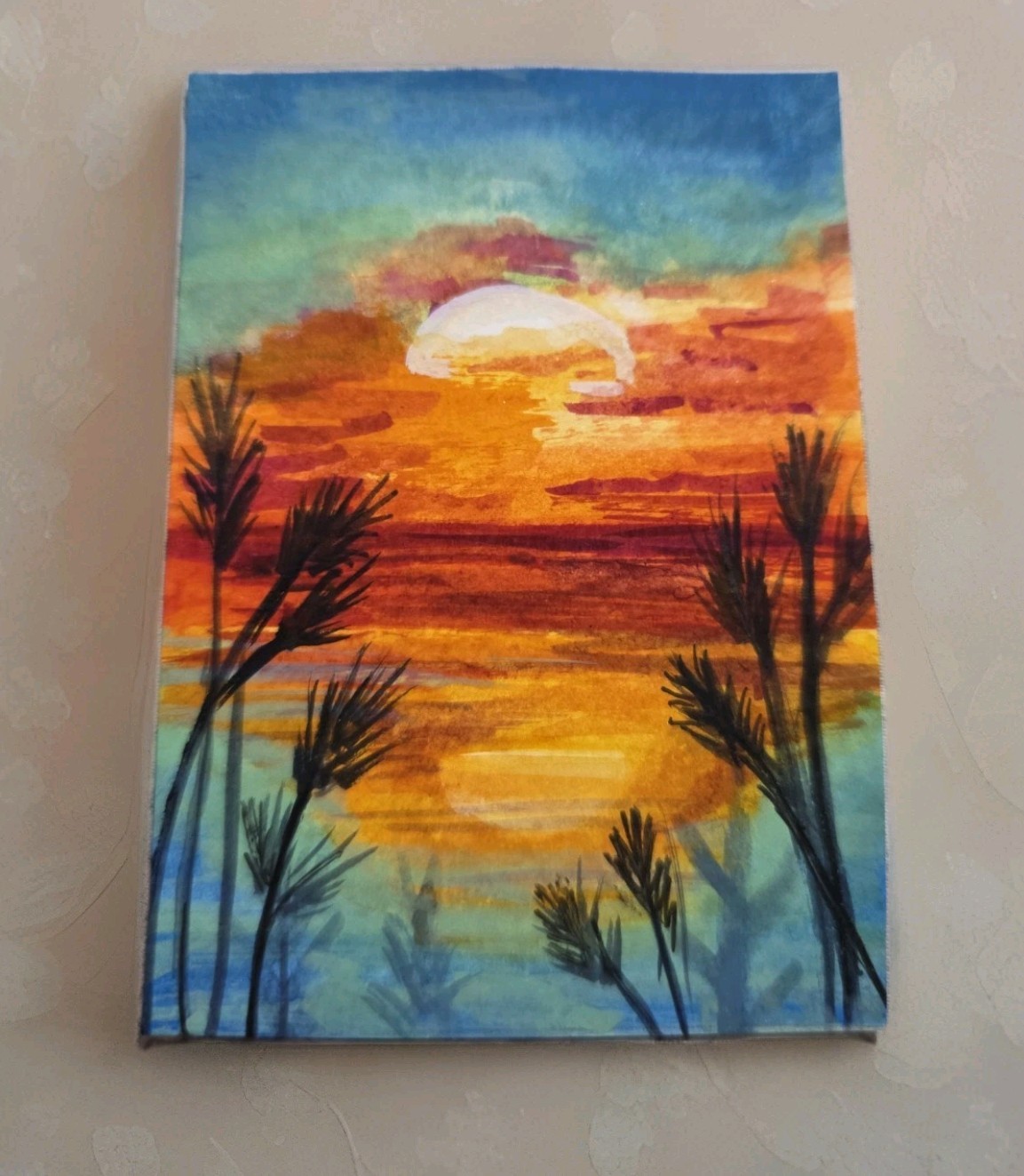 ACEO Original Watercolor Painting, 2.5 x 3.5 in, Orange Sunset, ShineGoldenArt