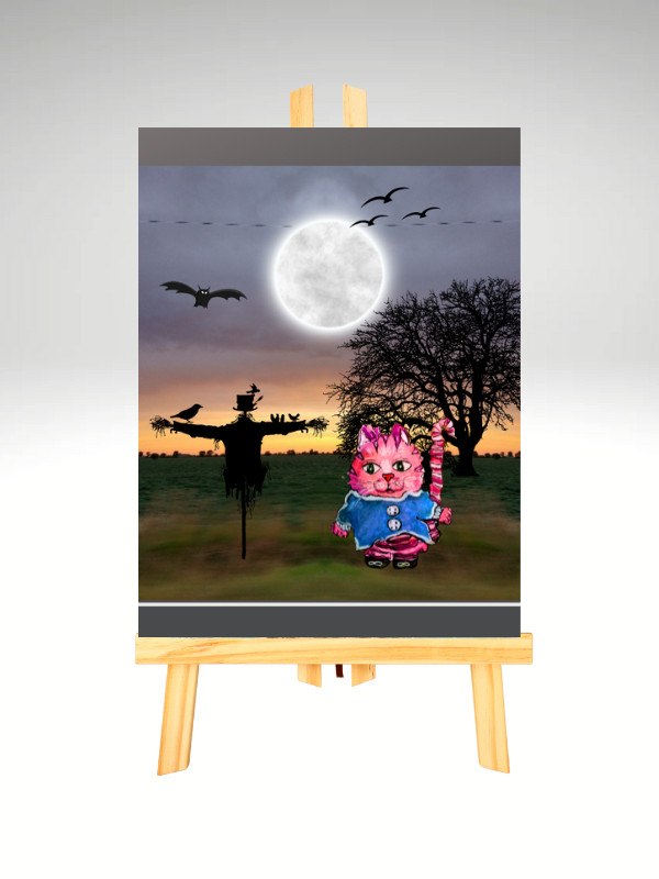 Halloween ACEO Art Cat Painting Spooky Scarecrow & Full Moon Scary Night Print