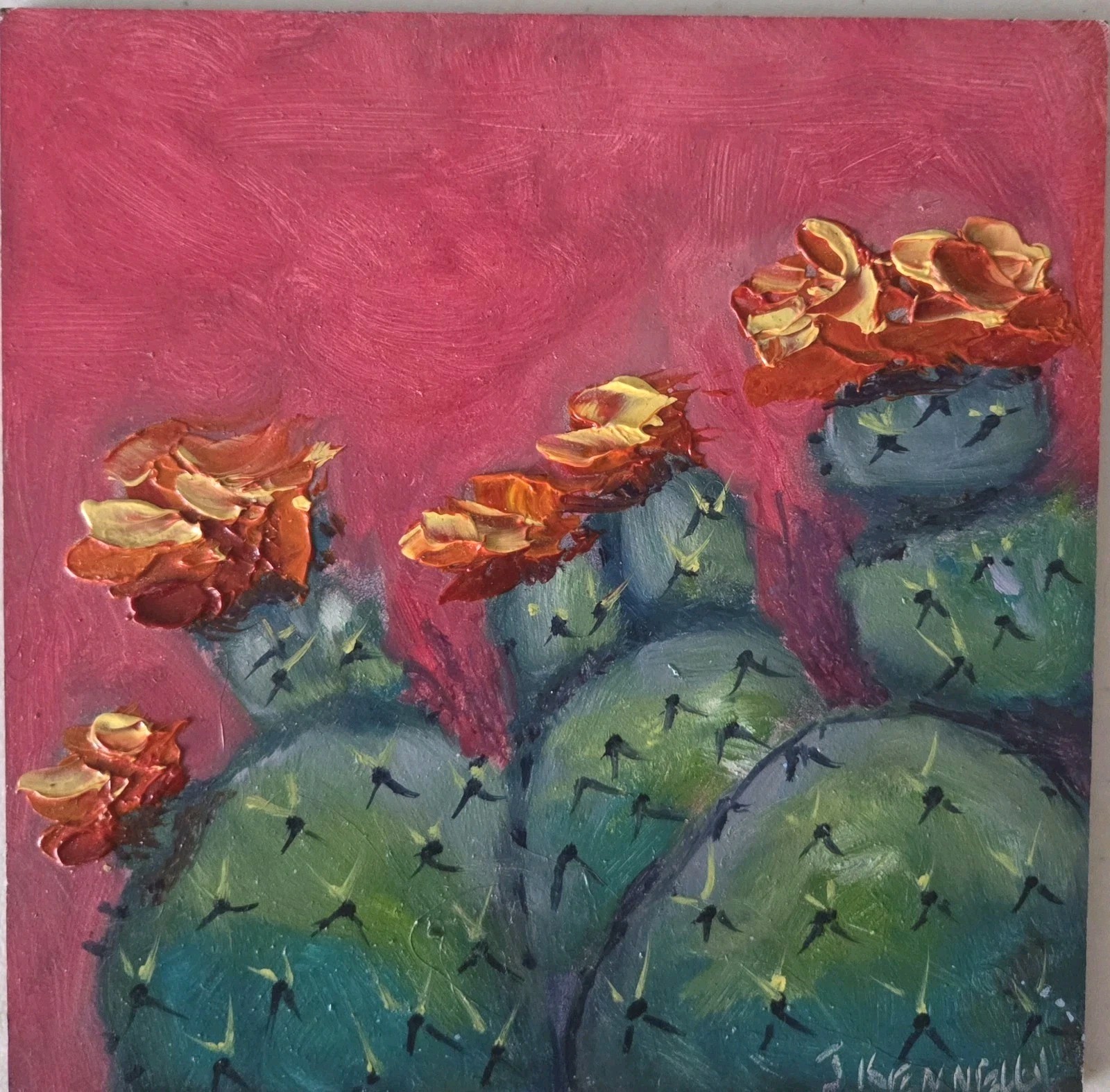 Original Prickly Pear Cactus Oil Painting 6×6 Textured Yellow Orange Impasto